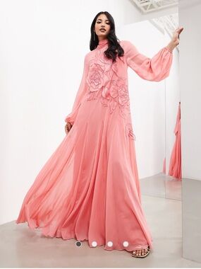 NWT ASOS Coral Pink Floral Appliqué High-Neck Maxi Dress